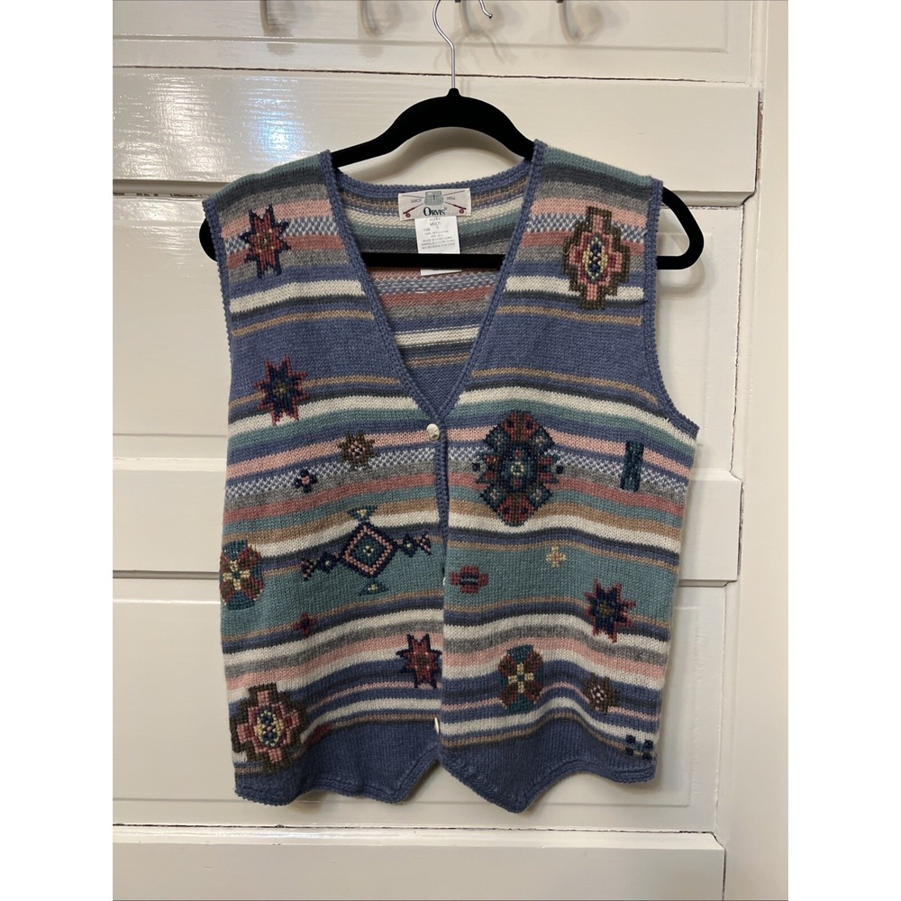 Orvis Vintage Wool Striped Aztec Easter V Neck Vest Womens Size Small 100% Wool